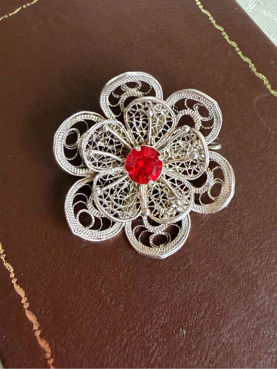 Jewelry - Vintage Sterling Silver Filigree Flower Brooch Red Rhinestone Center Layered Pin